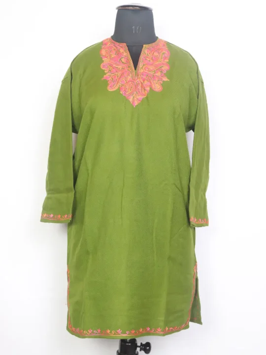 Parisa Kashmiri Girls Pheran with Aari Work in Olive Green Cashmilon Wool(12 to 13Y)