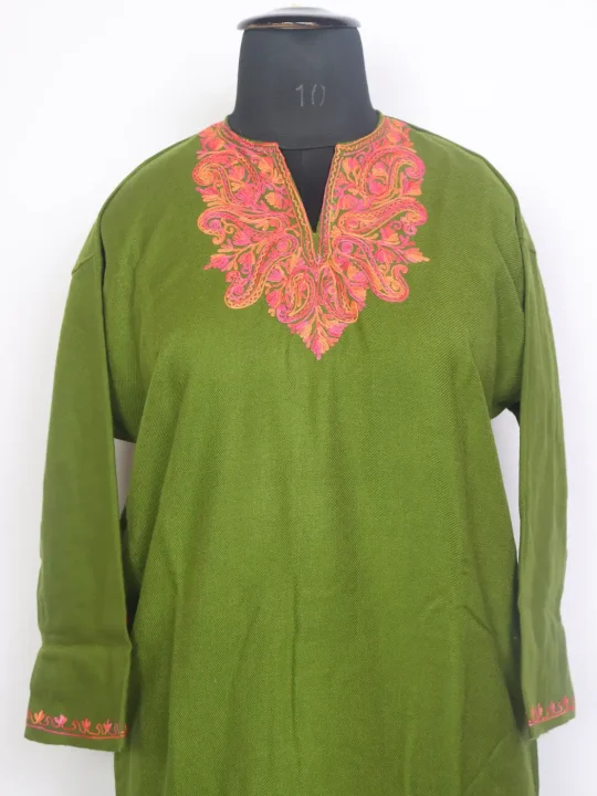 Parisa Kashmiri Girls Pheran with Aari Work in Olive Green Cashmilon Wool(12 to 13Y) - Image 2