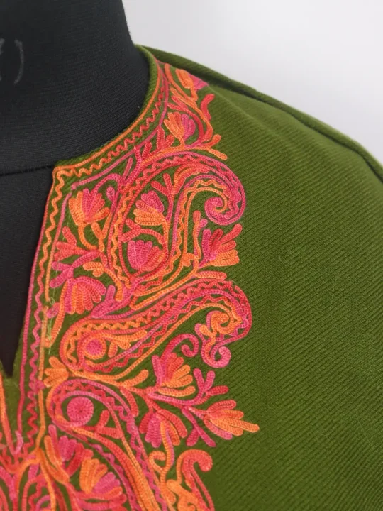 Parisa Kashmiri Girls Pheran with Aari Work in Olive Green Cashmilon Wool(12 to 13Y) - Image 3