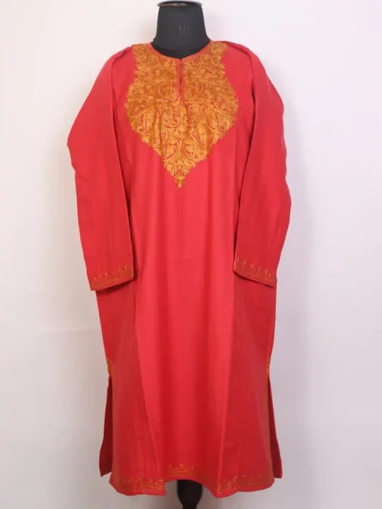 Surkh Gul Embroidered Kashmiri Cashmilon Pheran with Golden Aari Work