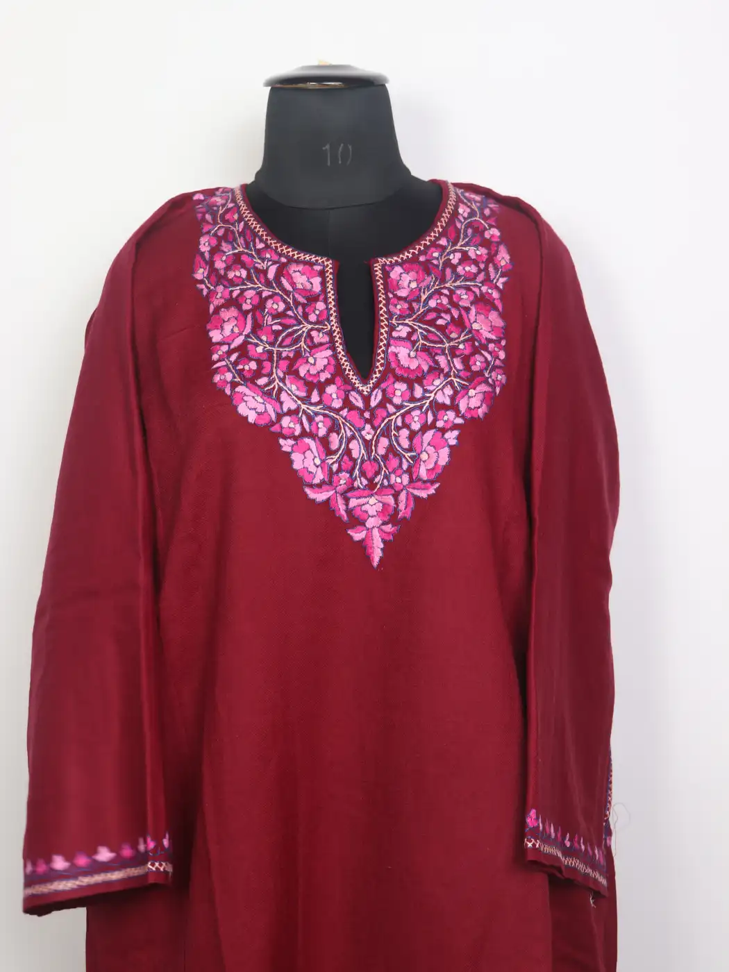 Qashf Kashmiri Maroon 3pc Hand Sozni Paper Machie Style Pheran Set in Raffal Wool - Image 2