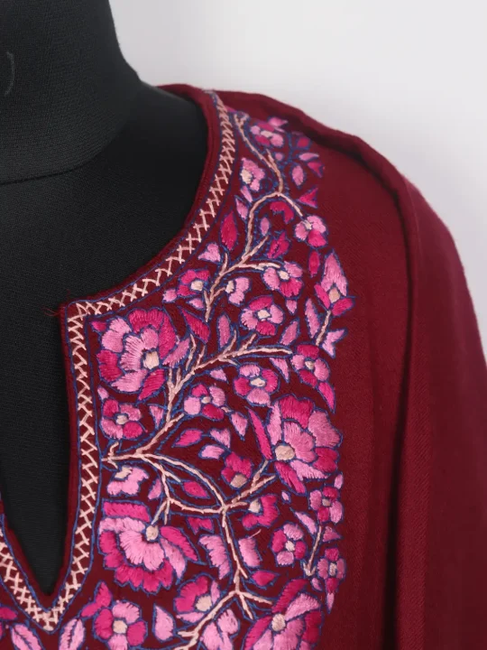 Qashf Kashmiri Maroon 3pc Hand Sozni Paper Machie Style Pheran Set in Raffal Wool - Image 3