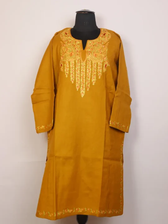 Qashf Raffal Wool Kashmiri Mustard Yellow Pheran with Hand Aari Embroidery