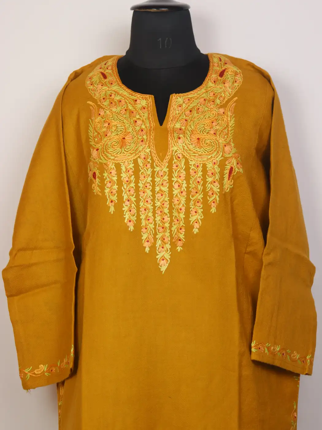 Qashf Raffal Wool Kashmiri Mustard Yellow Pheran with Hand Aari Embroidery - Image 2