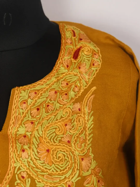 Qashf Raffal Wool Kashmiri Mustard Yellow Pheran with Hand Aari Embroidery - Image 3