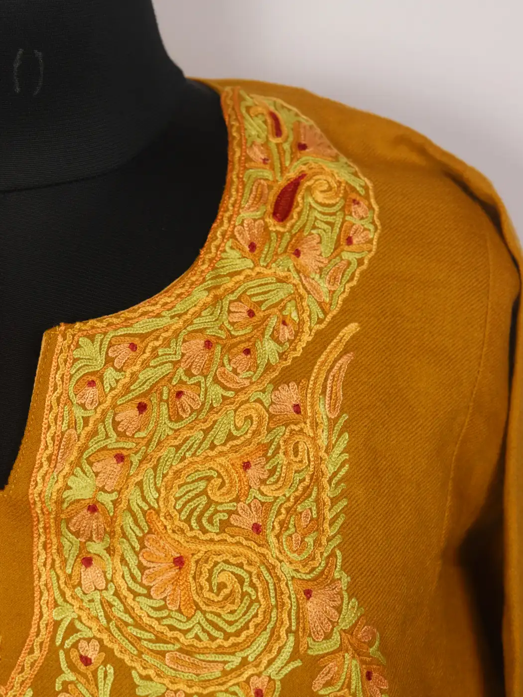 Qashf Raffal Wool Kashmiri Mustard Yellow Pheran with Hand Aari Embroidery - Image 3