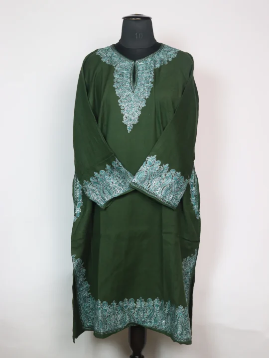 Qashf Kashmiri Pheran In Raffal Wool With Aari And Zari Embroidery |  Dark Green