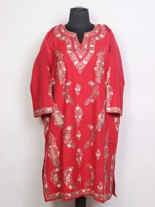 Rabail Kashmiri Cashmilon Wool Boothi Aari Embroidery Pheran Red