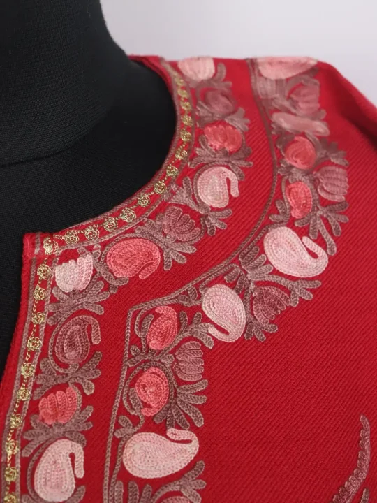 Rabail Kashmiri Cashmilon Wool Boothi Aari Embroidery Pheran Red - Image 3