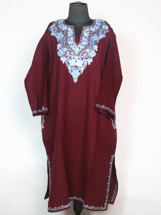 Rabia Kashmiri Pheran In Cashmilon Wool With Aari Embroidery | Maroon