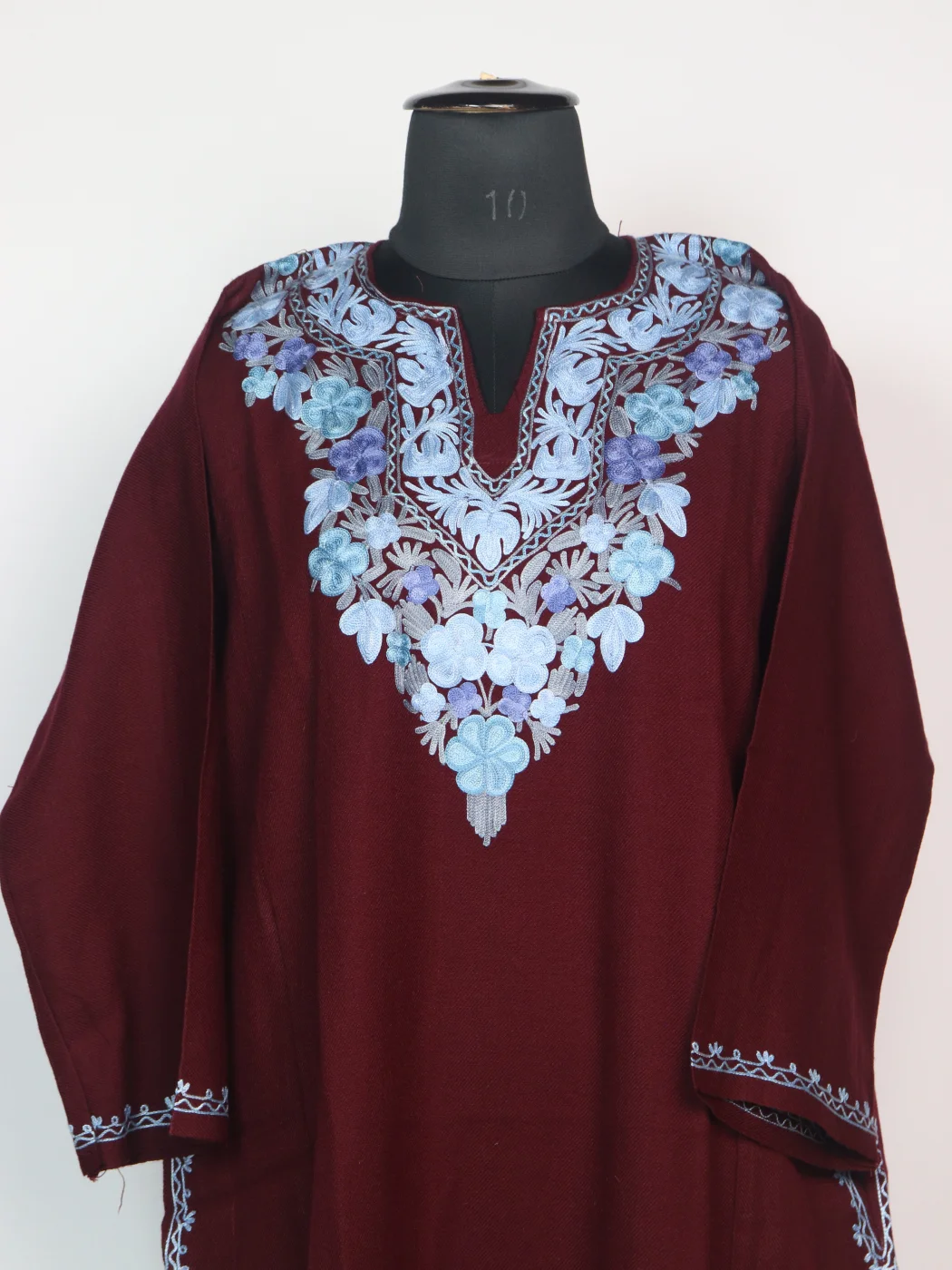 Rabia Kashmiri Pheran In Cashmilon Wool With Aari Embroidery | Maroon - Image 2