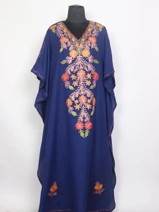 Rajiya Kashmiri Long Kaftaan in Crush Cotton with Aari Work Navy Blue