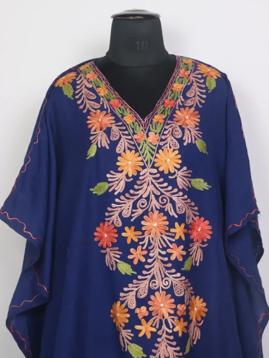 Rajiya Kashmiri Long Kaftaan in Crush Cotton with Aari Work Navy Blue - Image 2