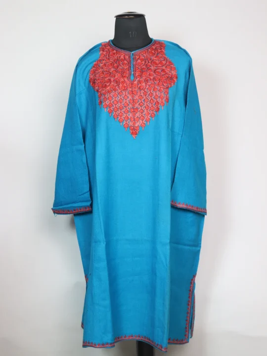Rameela Kashmiri Pheran  In Raffal Wool With Hand Aari Embroidery | Turquoise Blue