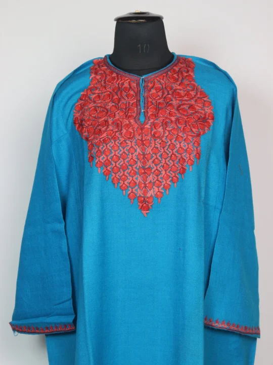 Rameela Kashmiri Pheran In Raffal Wool With Hand Aari Embroidery | Turquoise Blue - Image 2