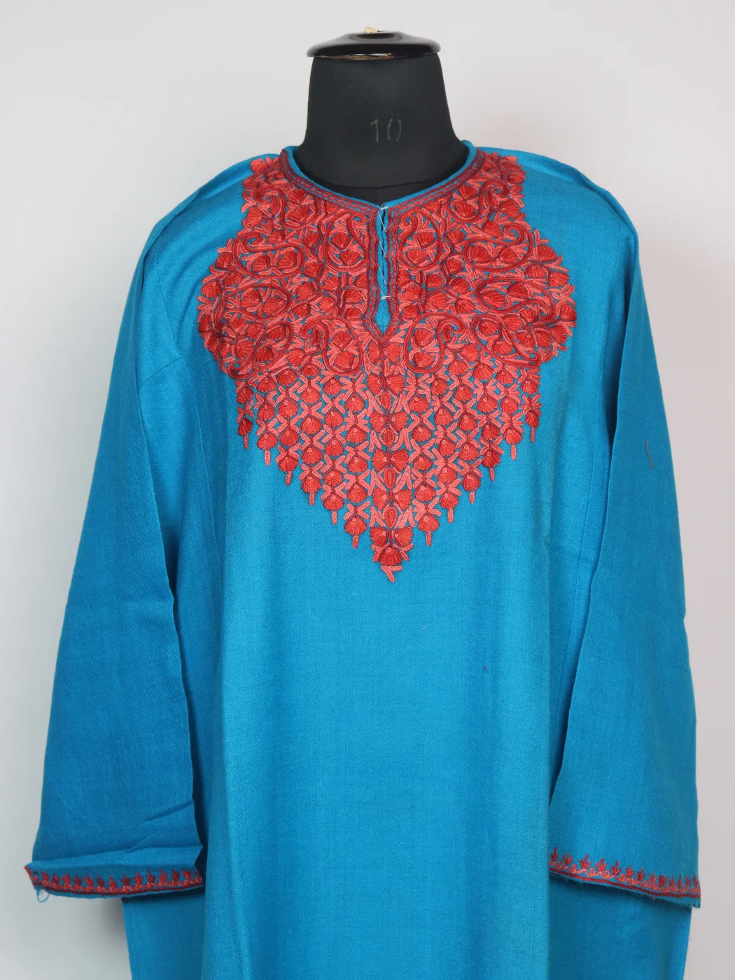 Rameela Kashmiri Pheran In Raffal Wool With Hand Aari Embroidery | Turquoise Blue - Image 2