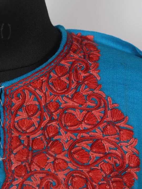 Rameela Kashmiri Pheran In Raffal Wool With Hand Aari Embroidery | Turquoise Blue - Image 3