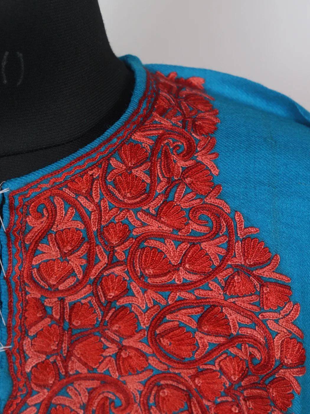Rameela Kashmiri Pheran In Raffal Wool With Hand Aari Embroidery | Turquoise Blue - Image 3