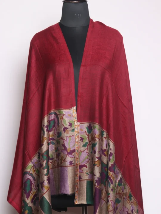 Maroon Kashmiri Kani Work Fine Wool Stole | Rameesa - Image 2