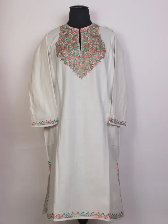 Kashmiri Gulrez Pheran with Aari Work in Cashmilon White