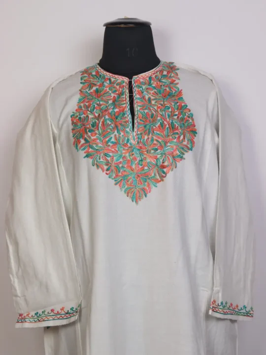 Kashmiri Gulrez Pheran with Aari Work in Cashmilon White - Image 2