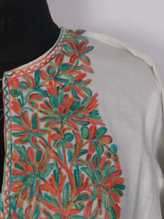 Kashmiri Gulrez Pheran with Aari Work in Cashmilon White - Image 3