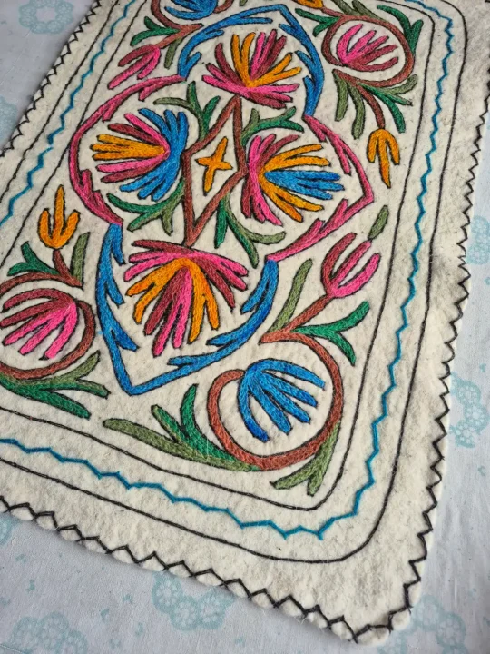 Rang-e-Gul Hand Embroidered Namda Rug – Blue & Pink Floral Design | 3×2 ft - Image 3