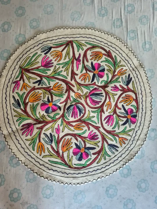 Rangrez Gul Circular Kashmiri Wool Namda with Multicolour Floral Vine Motifs – 4x4 Feet