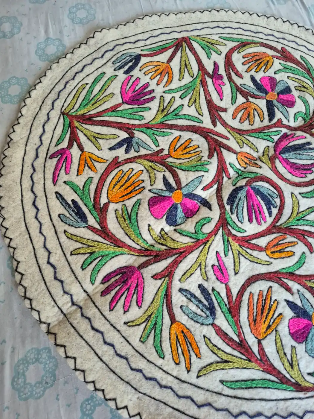 Rangrez Gul Circular Kashmiri Wool Namda with Multicolour Floral Vine Motifs – 4x4 Feet - Image 4