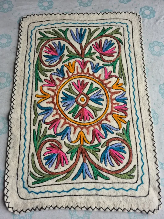 Rangrez Hand Embroidered Wool Namda Rug  Multicolour Floral Medallion