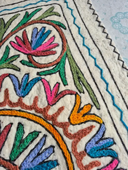 Rangrez Hand Embroidered Wool Namda Rug  Multicolour Floral Medallion - Image 2