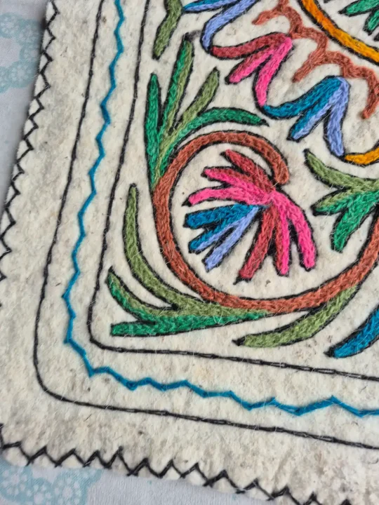 Rangrez Hand Embroidered Wool Namda Rug  Multicolour Floral Medallion - Image 3