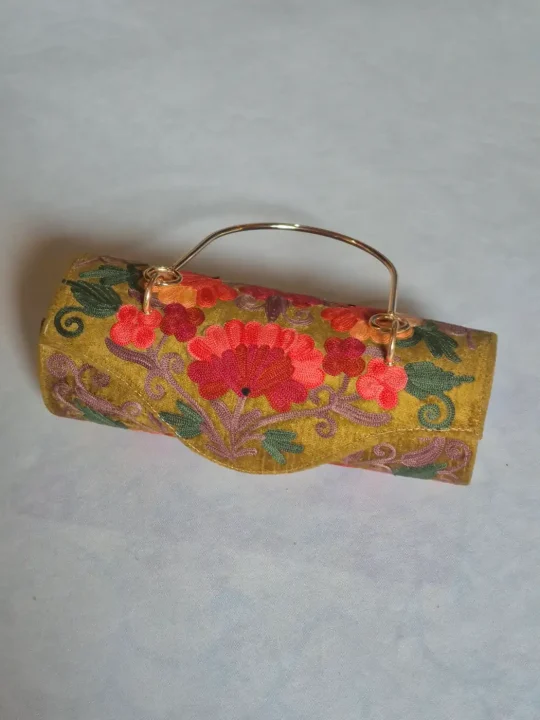 Rawnaq Kashmiri Mustard Clutch Handbag with Aari Embroidery