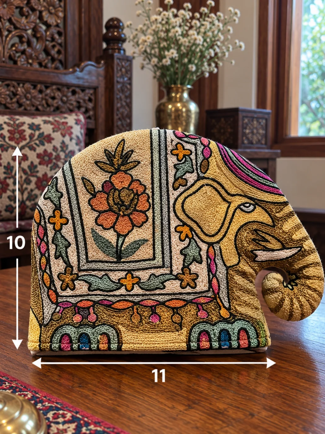 Rayhana Kashmiri Handmade Elephant Chain Stitch Silk Thread Tea Cozy - Image 3