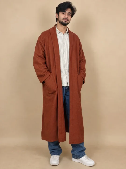 Rayyan Handloom Tweed Kashmiri Mens Gown Rust