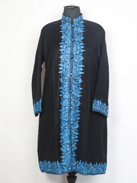 Kashmiri Black Rayyan Cashmilon Wool Long Aari Embroidery Coat