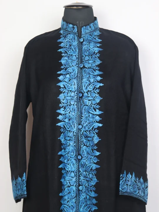 Kashmiri Black Rayyan Cashmilon Wool Long Aari Embroidery Coat - Image 2