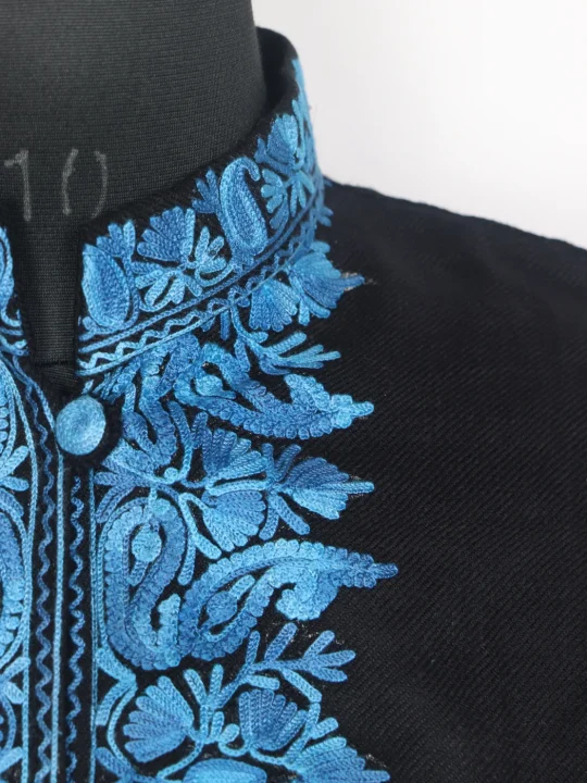 Kashmiri Black Rayyan Cashmilon Wool Long Aari Embroidery Coat - Image 3