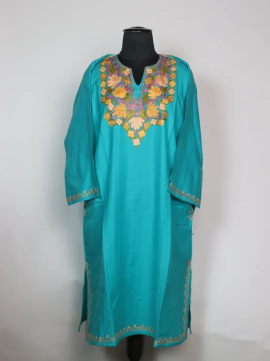 Rehaana Kashmiri Pheran In Cashmilon Wool With Aari Embroidery | Turquoise