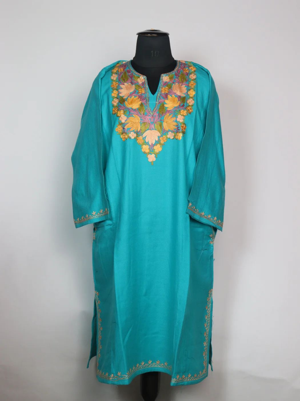 Rehaana Kashmiri Pheran In Cashmilon Wool With Aari Embroidery | Turquoise