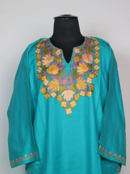 Rehaana Kashmiri Pheran In Cashmilon Wool With Aari Embroidery | Turquoise - Image 2