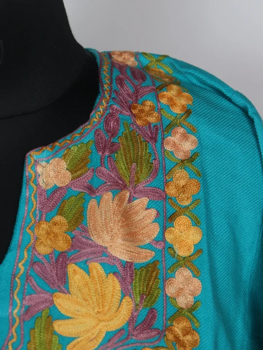 Rehaana Kashmiri Pheran In Cashmilon Wool With Aari Embroidery | Turquoise - Image 3