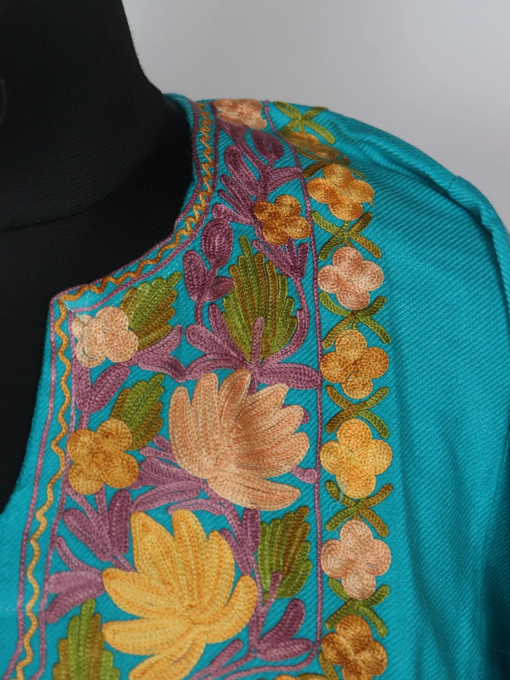 Rehaana Kashmiri Pheran In Cashmilon Wool With Aari Embroidery | Turquoise - Image 3