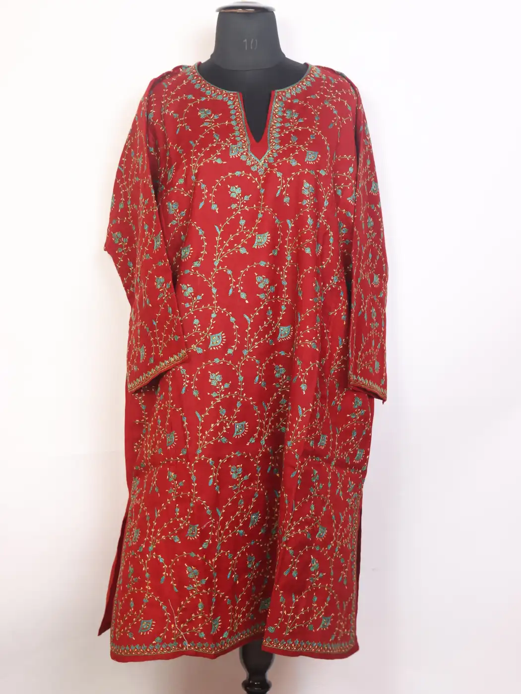 Rehaan Red Kashmiri Jaal Design Pheran With Hand Sozni Work In Premium Count Wool