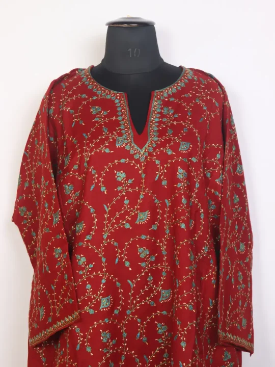 Rehaan Red Kashmiri Jaal Design Pheran With Hand Sozni Work In Premium Count Wool - Image 2
