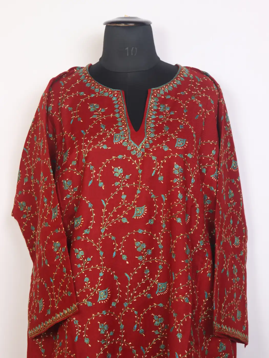 Rehaan Red Kashmiri Jaal Design Pheran With Hand Sozni Work In Premium Count Wool - Image 2