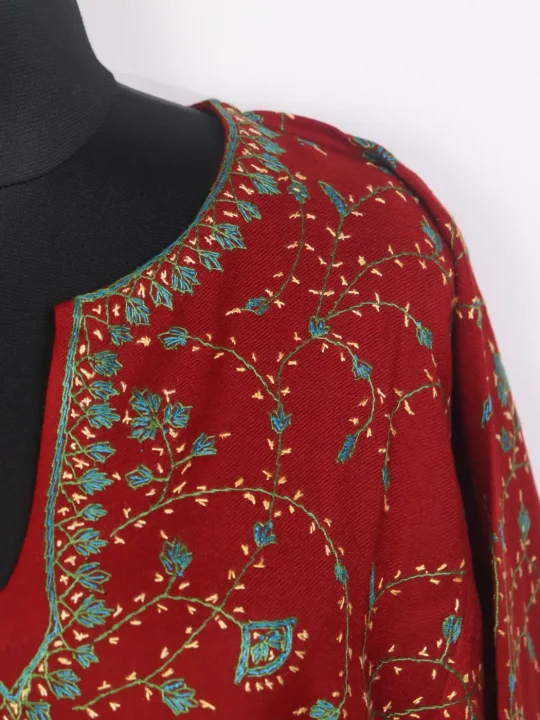 Rehaan Red Kashmiri Jaal Design Pheran With Hand Sozni Work In Premium Count Wool - Image 3