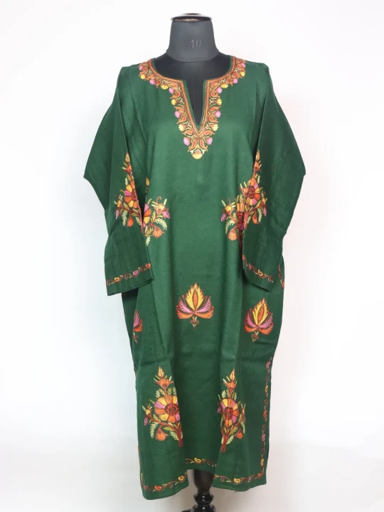 Rekhta Kashmiri Pheran In Raffal Wool With Hand Aari | Green
