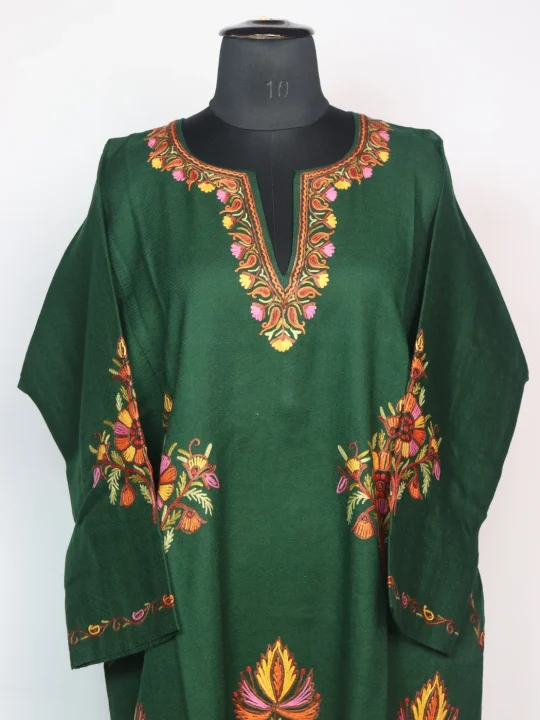 Rekhta Kashmiri Pheran In Raffal Wool With Hand Aari | Green - Image 2