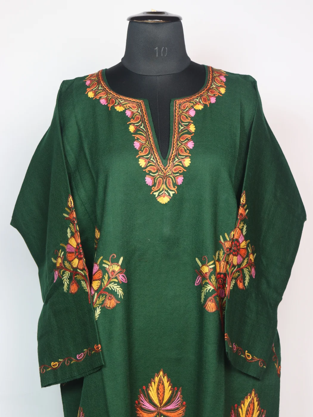 Rekhta Kashmiri Pheran In Raffal Wool With Hand Aari | Green - Image 2
